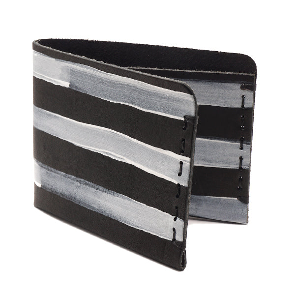 Black vegetable tanned leather wallet with hand painted white stripes