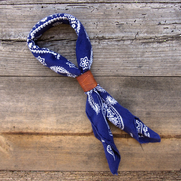 Brown leather bandana keeper with blue vintage bandana