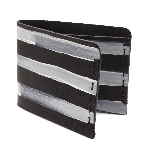 black vegetable tanned leather wallet with hand painted white stripes
