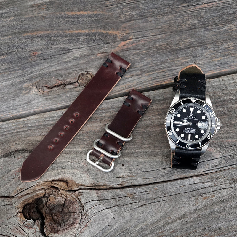 Black and burgundy shell cordovan watch bands with rolex submariner