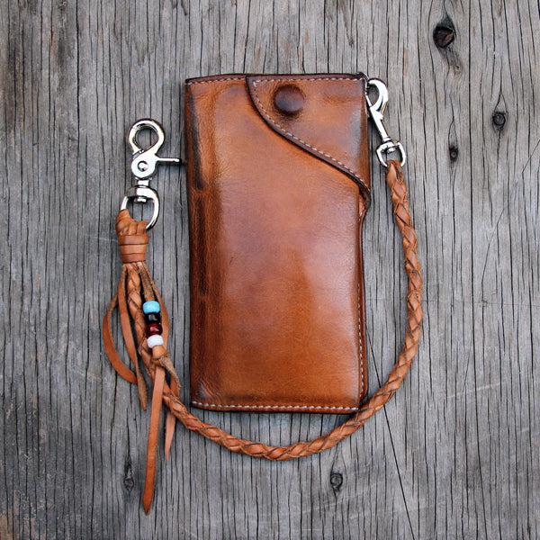 aged leather biker wallet with braided leather chain