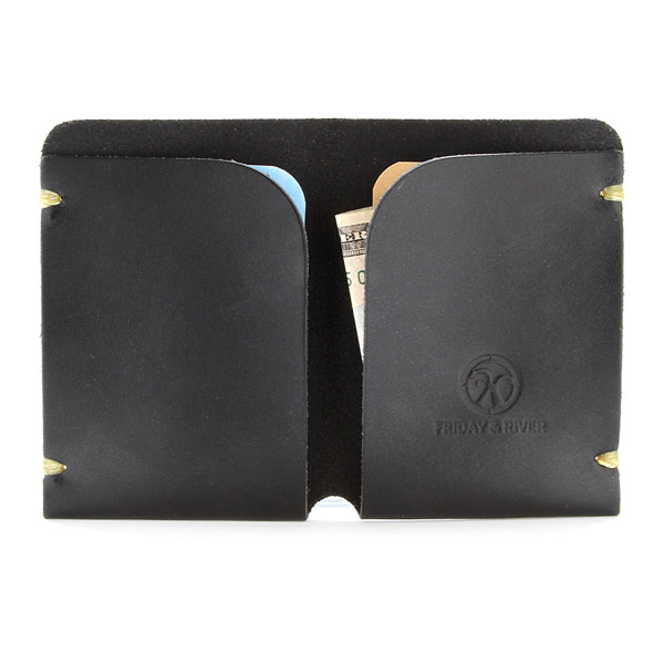Minimalist leather card wallet Black Bridle open with cash and cards