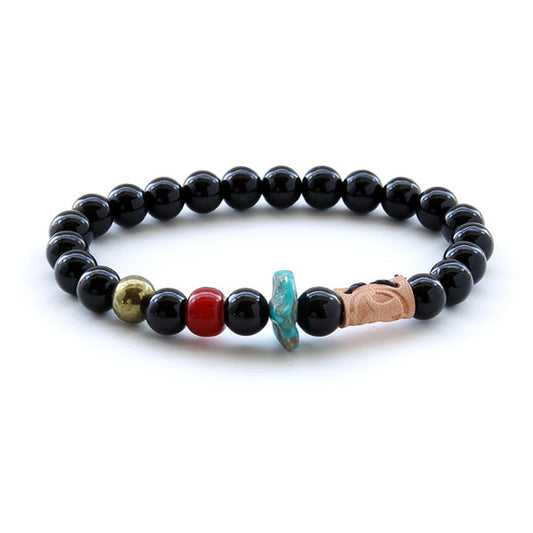 Black glass bead and stone mens bead bracelet