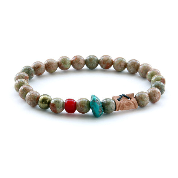Brown glass bead and stone mens bead bracelet