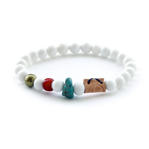 White glass bead and stone mens bead bracelet