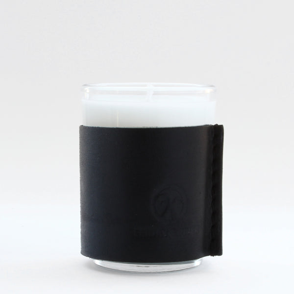 Small black leather wrapped soy votive candle