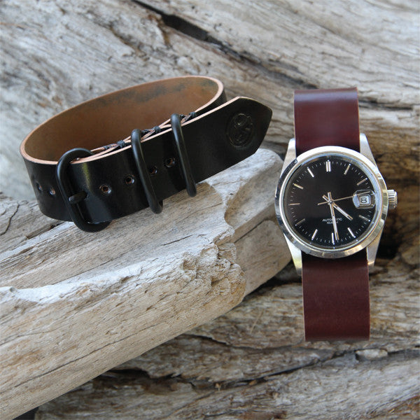Black and Burgundy Horween Shell Cordovan Watch Bands
